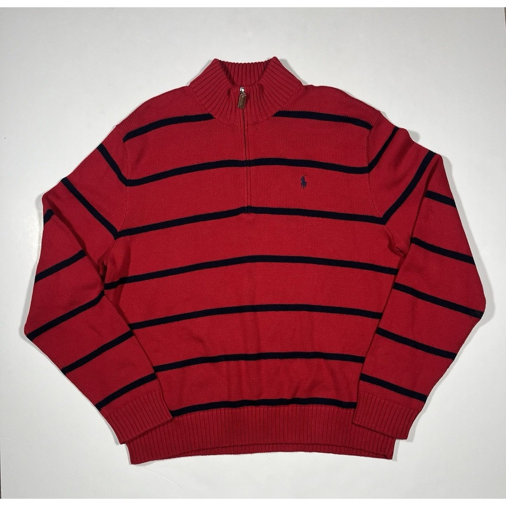 Polo Ralph Lauren Knit Sweater Mens XL Red Striped 1/4 Zip Vintage